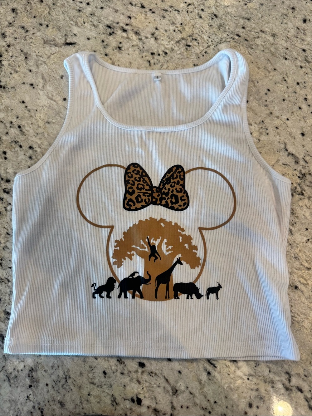 Women’s White Tank Top with Safari Mouse Silhouette and Leopard Bow